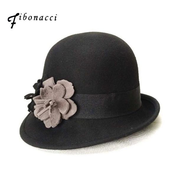 

stingy brim hats autumn winter noble elegant female fashion felt cap ladies bucket women irregular floral wool fedora hat, Blue;gray
