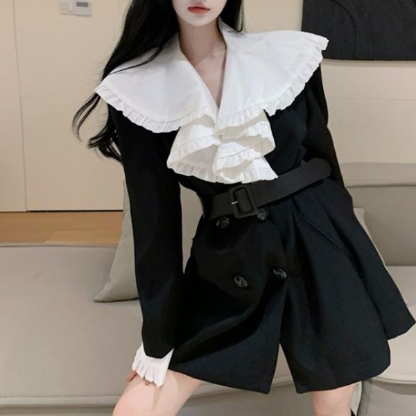

women's suits & blazers [ewq] autumn 2021 color contrast ruffled collar black blazer double breasted long sleeve suit coat female fashi, White;black