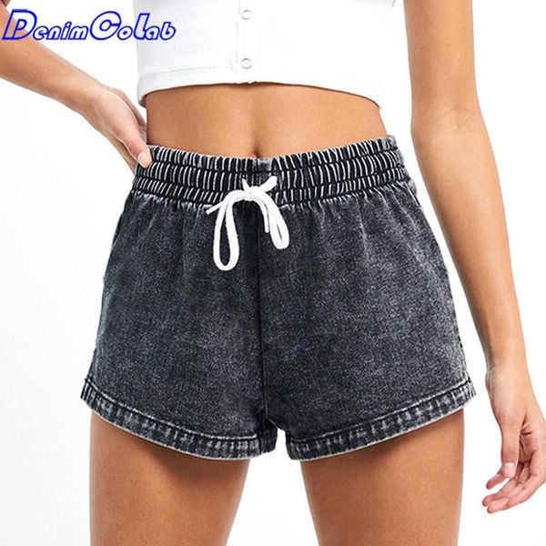 

denimcolab elastic waist summer denim shorts women solid straight short jeans ladies 2021 casual s femme women's, Blue