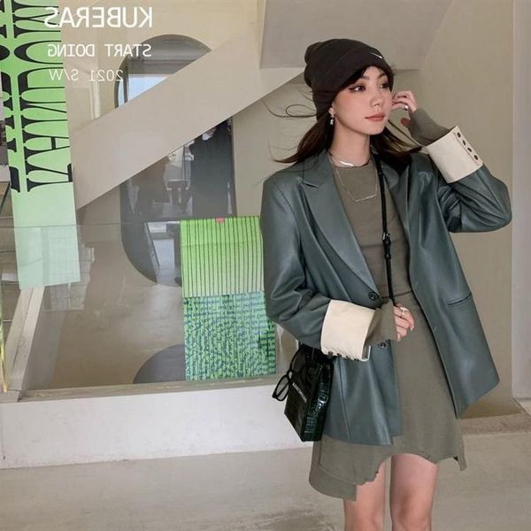 

women's leather & faux in the autumn of 2021, large coat is feminine, british style pu, and minority design loose casual, Black