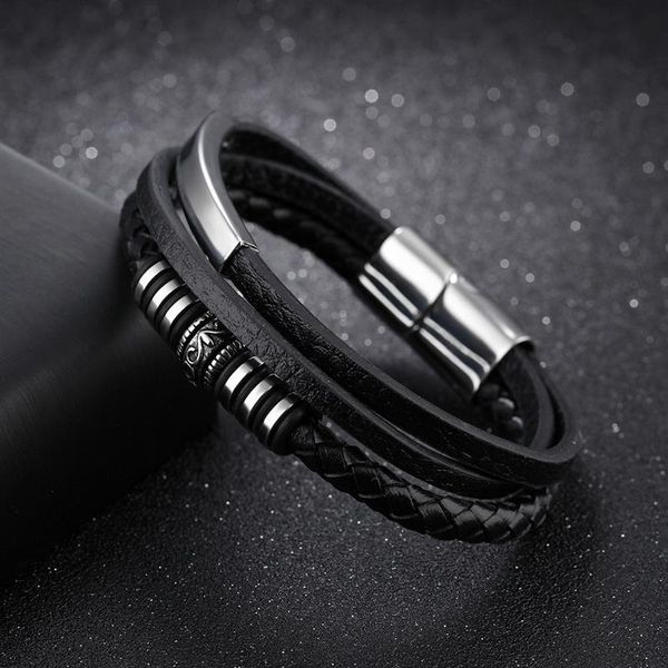 

charm bracelets obsede punk genuine leather bracelet for men stainless steel magnetic clasp braid multilayer bangle male fashion jewelry gif, Golden;silver