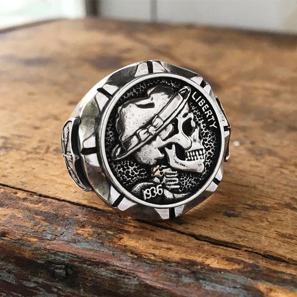 

cluster rings vintage mexican style skull ring men's hobo nickel stainless steel biker mens jewelry, Golden;silver