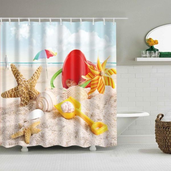 

natural scenery shower curtain beach shell starfish bath accessories with 12 hooks waterproof polyester fabric bathroom decor curtains