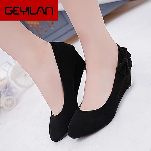 

dress shoes 2021 spring women pointed toe female pumps high heel butterfly-knot suede leather fashion wedge, Black