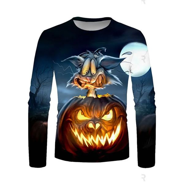 

halloween men's cat pumpkin pattern crew neck casual t-shirt, Black
