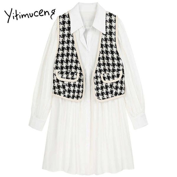 

yitimuceng plaid multi-pocket dresses women mini white spring square collar long sleeve loose waist clothes office lady 210601, Black;gray