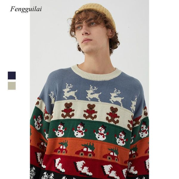 

men's sweaters loose autumn winter casual couple pullover long sleeve korean christmas cartoon sweater men, White;black
