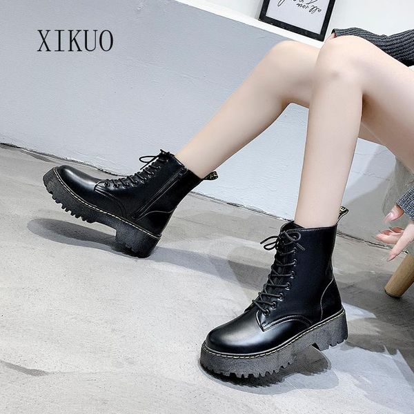 

boots xikuo fashion motorcycle women's winter moccasins black botas wedge heel lace-up thick-soled white