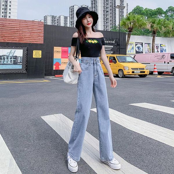 

women's jeans woman pants autumn high waist belly contracting baggy straight trousers pantalones vaqueros mujer, Blue