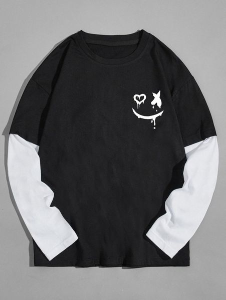 

romwe guys 2 in 1 colorblock cartoon graphic tee e7fg#, White;black