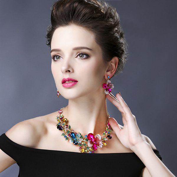 

jewelry sets ztech romantic women wedding party fashion bridal statement necklace and earring trendy accessories, Black