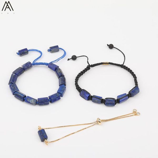 

natural lapis lazuli stone beads knotted adjustable bracelet women 6mm black lava braided jewelry gift n0445am charm bracelets, Golden;silver