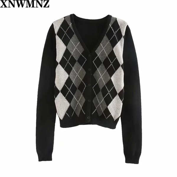 Frauen Strickjacke Vintage Stilvolle Geometrische Muster Kurze Strickpullover Mode Langarm England Stil Oberbekleidung Chaqueta 210520