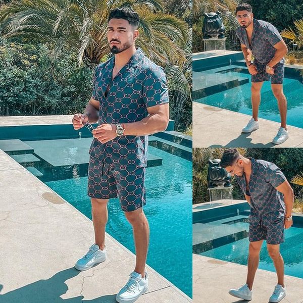 

men's tracksuits men hawaiian sets printing 2021 summer harajuku short sleeve button shirt beach shorts streetwear casual mens suit 2 p, Gray