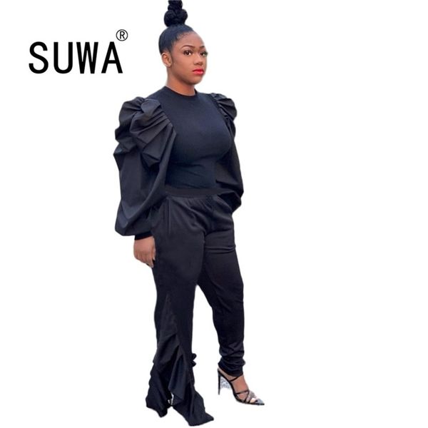 

all black women pants and elegant puff sleeve pullover tunic asymmetry chic trousers club outfits office wear 210525, White