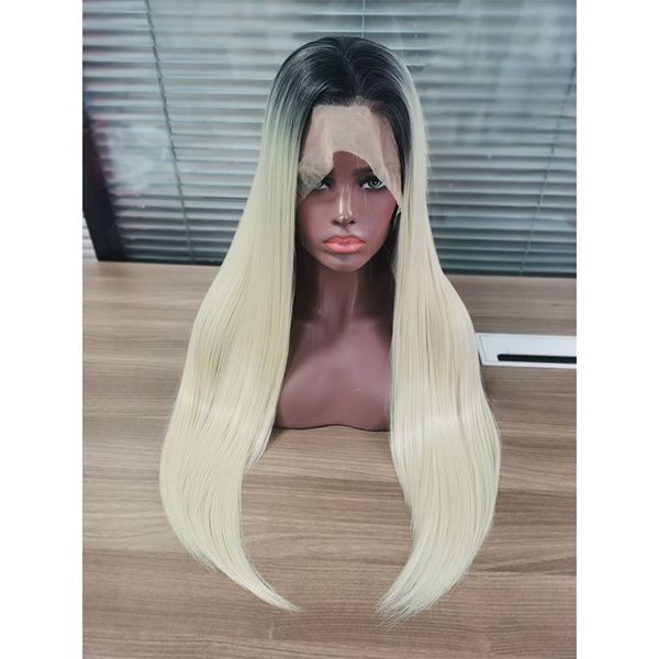 

lx brand 26inch 180%density ombre blond long straight synthetic lace front wig for women baby hair heat resistant fiber hair daily wigfactor, Black