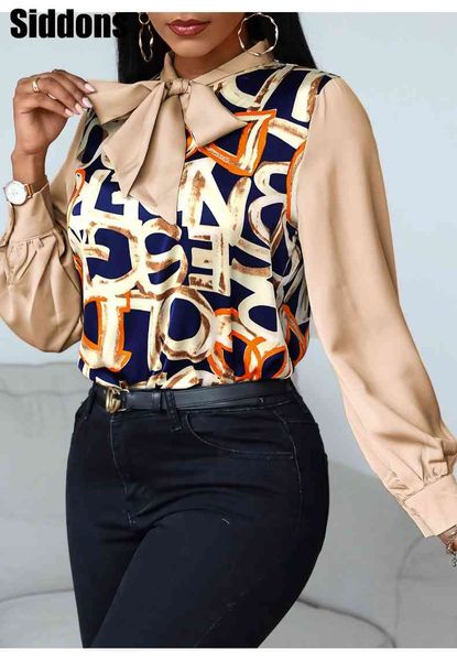 

scarf neck blouses women letter pattern print lantern sleeve shirt elegant office lady shirt, White