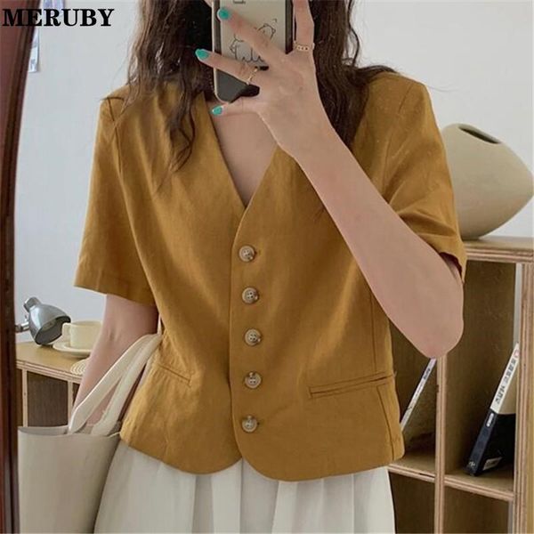 

women's suits & blazers cotton linen women blazer suit summer short sleeve v-neck single breasted jacekt korean vintage workwear female, White;black