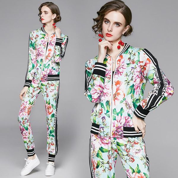 Damen Zweiteilige Hose Retro Floral Damen Sets 2021 Runway Langarm Jacken Mantel + bedruckte Hose Frühling Herbst Designer Slim Anzug