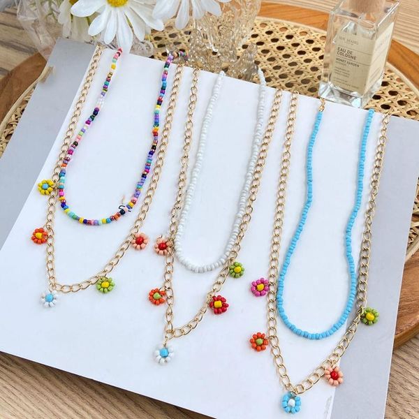 

pendant necklaces double pearl beaded chain necklace rainbow rice beads red purple flower elegant party for friend girl gift, Silver