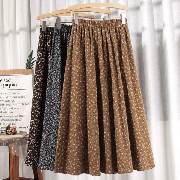 

skirts winter wool blend floral a-line calf vintage flowers printing thick veet pleated flared long skirts, Black