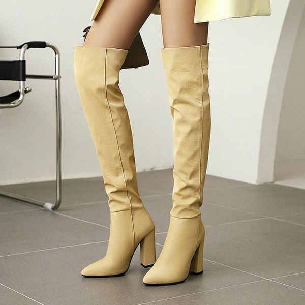 

winter women over the knee boots fashion pointed toe square high heel long faux leather brand design lady shoes, Black