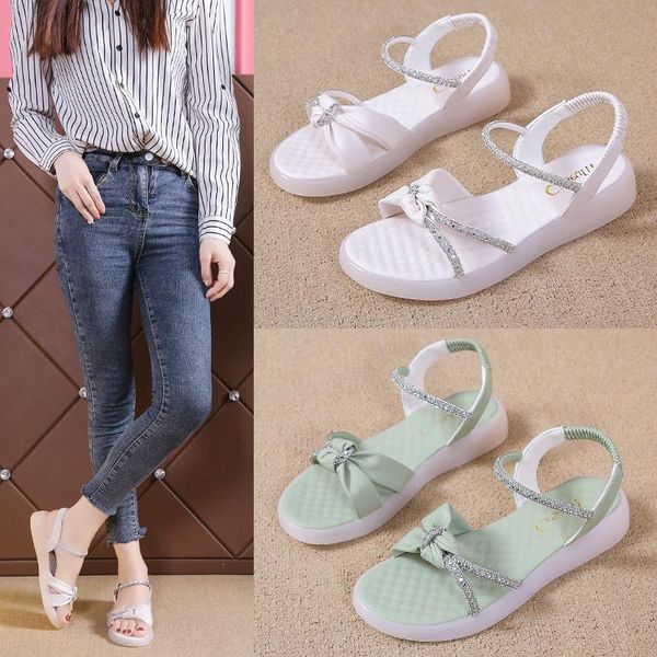 

sandals rhinestone slip-on loafers summer women's female shoe strappy heels soft elastic band girls beige fashion low clear 202, Black