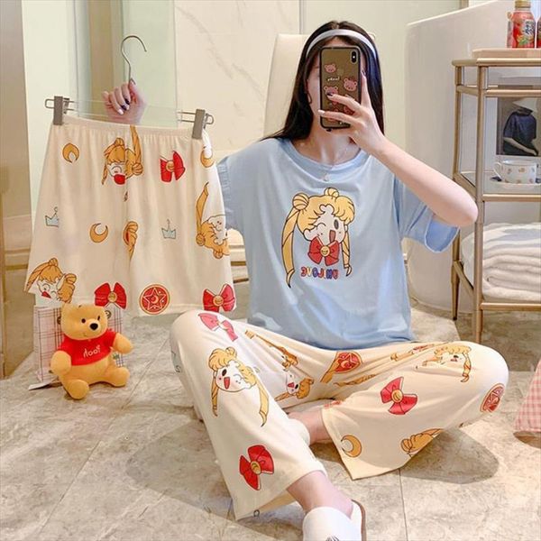 

pajamas set 3pcs summer womens sleepwears short sleeve cute with 2 pants femme leisure wear pijamas sailor girls, Black;red