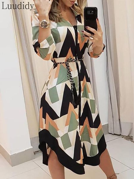 

casual dresses colorblocked geo print women asymmetrical shirt dress office lady long sleeve elegant workwear, Black;gray