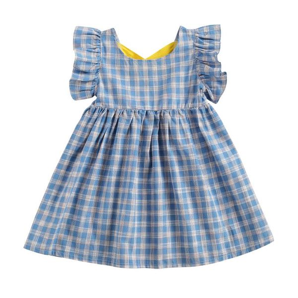 

toddler summer princess dress, baby girls backless criss-cross strap sleeve round neck plaid one-piece girl's dresses, Red;yellow