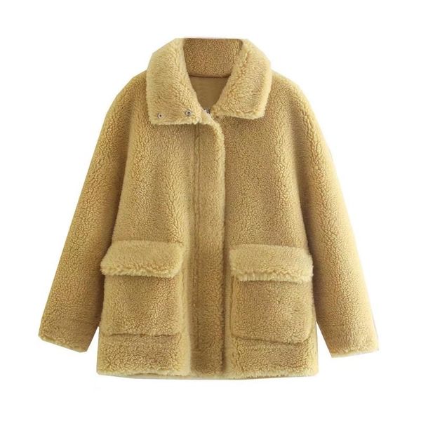 

women's wool & blends women winter solid color faux woolen two side warm jacket coat female turn down collar zipper front thick loose c, Black