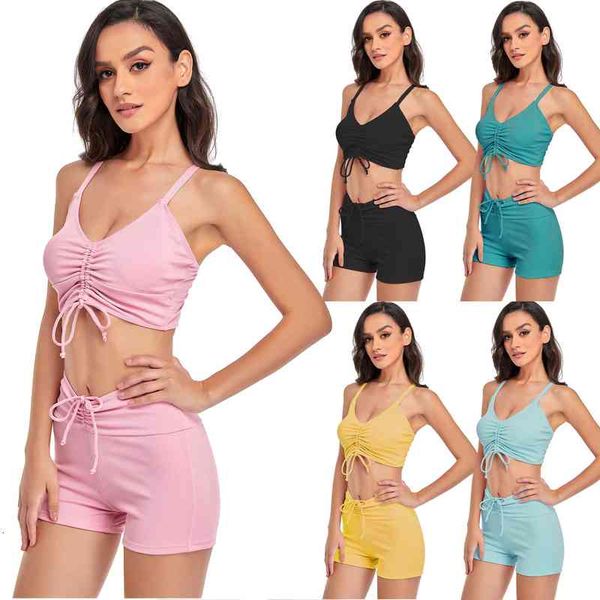 

swimwear pink black yellow mid-waist bikini set swimsuit women lace up two pieces swimwear new beach bathing suits