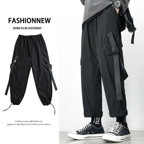 

men's pants spring and summer casual fashion solid color motorcycle wind overalls loose joggers streetwear, Black