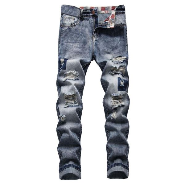 

men's jeans long pencil pants ripped slim spring hole men fashion thin skinny male hip-hop trousers clothes clothing 2021, Blue