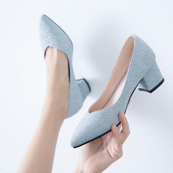 

dress shoes women's spring autumn thick with work pumps korean wild shallow mouth pointed sequin silver banquet high heels, Black