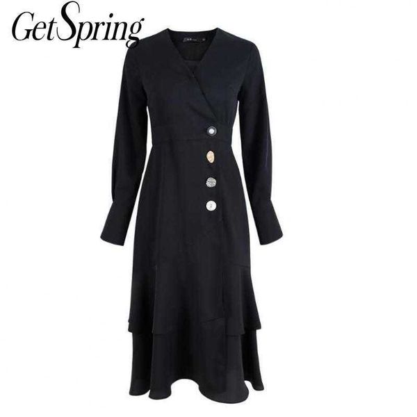 

fetspring women dress v-neck ruffles mermaid dresses long sleeve vintage black summer clothes 210601, Black;gray