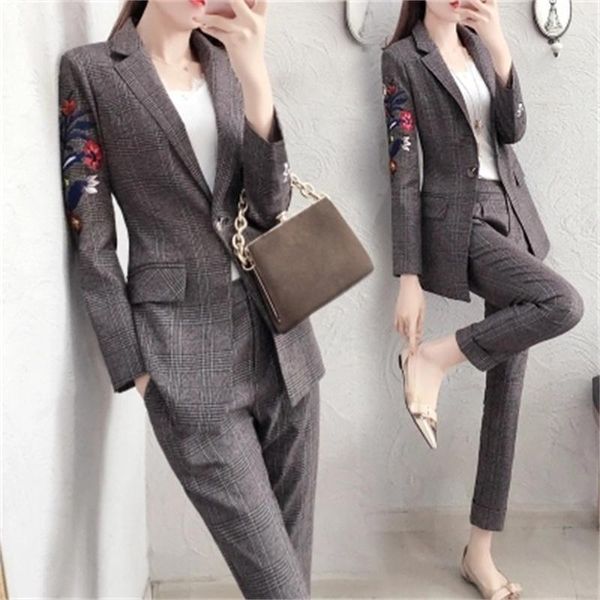 

women's plaid embroidery business suit fashion female career jacket long sections temperament casual two-piece pantsut two piece pants, White