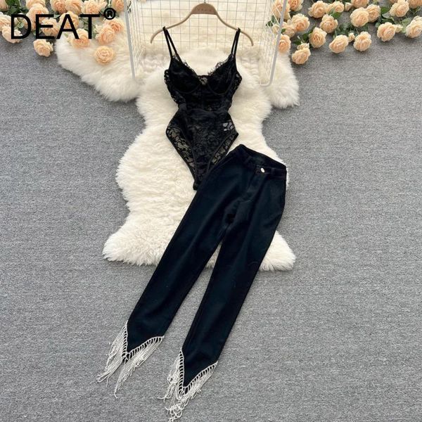 

women's two piece pants deat women siamese camisole high waist elasticity hem diamonds long set fashion summer 2021 11d5672, White