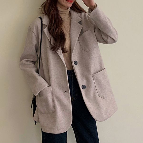 

woman blazers casual jacket wool blend long coat 2021 autumn winter single breasted solid pockets fashion korean style, Black;brown