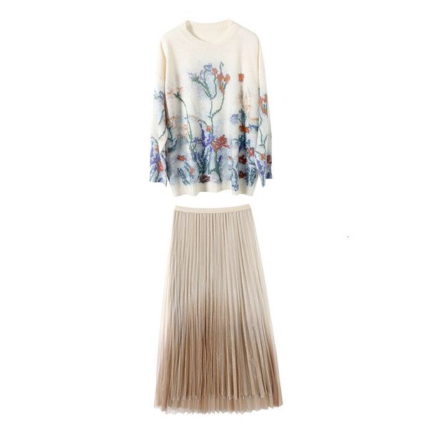 

two piece dress fall autumn long sleeve round neck floral print knitted cardigans sweater + pleated mid-calf skirt 2 s set nsp08208084 otik, White