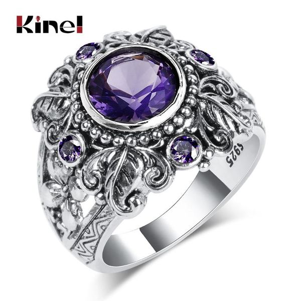 

cluster rings kinel 2021 vintage 925 sterling silver jewelry natural purple stone for women men anniversary gift, Golden;silver
