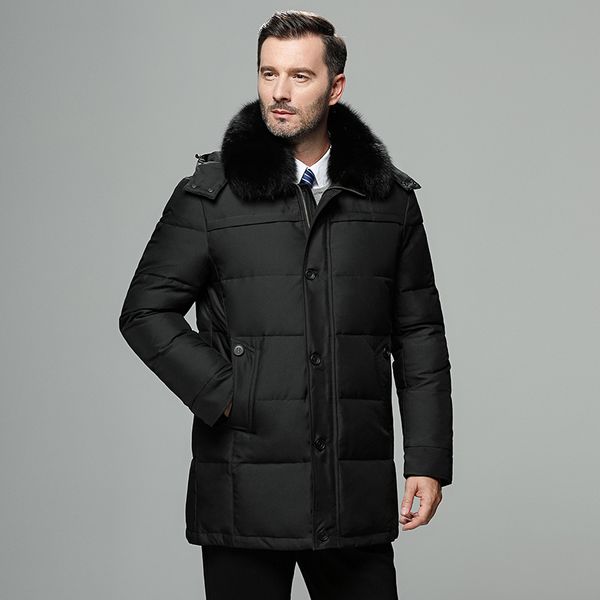 

Fur collar men's down jacket brand Russia winter high quality hat windproof long coat white duck 4XL, Black
