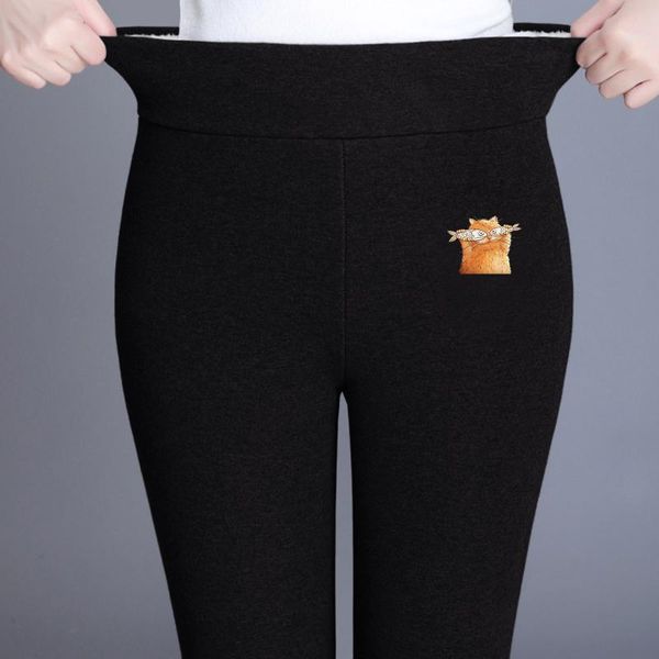 

women's leggings leggins autumn winter solid color cats prints workout home warm elastic waist plush trousers pants for women, Black