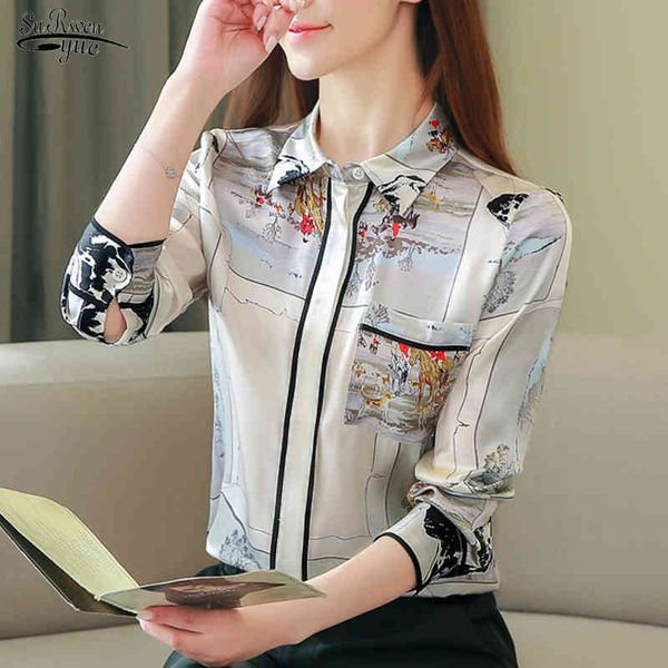 

spring elegant printing long sleeve chiffon blouse satin silk turn-over collar women shirt chemisier femme 8193 50 210508, White