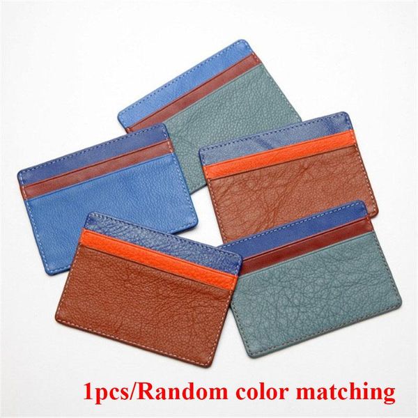 

card holders ultra-thin holder men mini real cow leather business case slim colorful slots id cover random color, Brown;gray