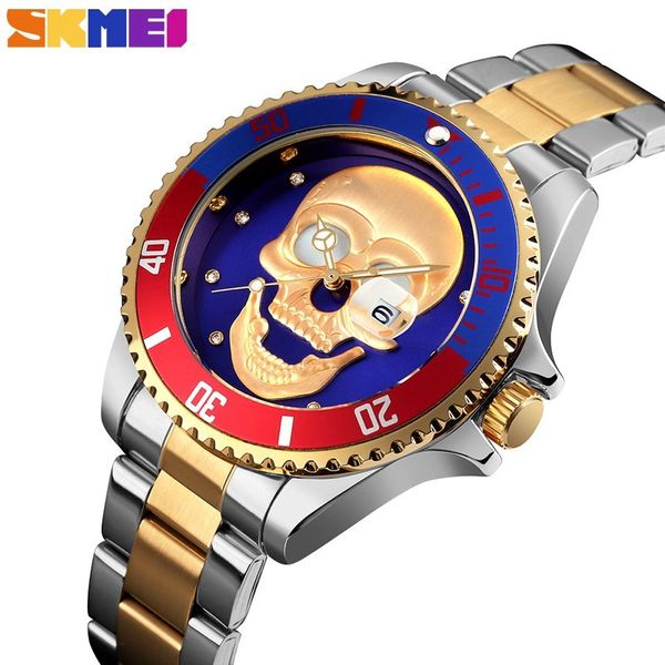 Skmei Cacual Quartz Watch Men Relógios 3bar Impermeável 3D Alívio Padrão Rhinestone Inlay Strap de Aço Inoxidável Reloj Hombre 9195 Q0524