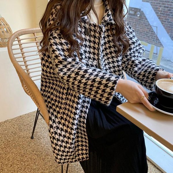 

women's wool & blends woolen coat black / white plaid thousand birds mid-length autumn/winter loose fashion clothing
