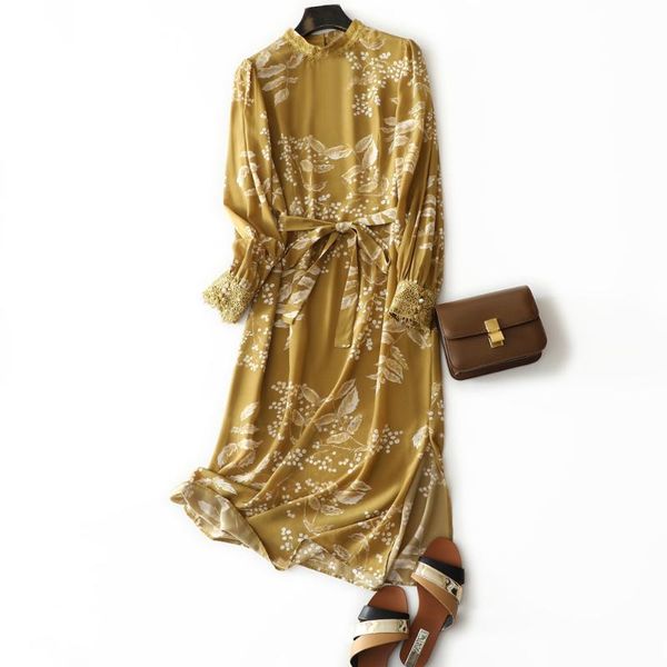 

casual dresses high-end 25mm 100% heavy silk italian tailoring lace printed women dress with belt, Black;gray