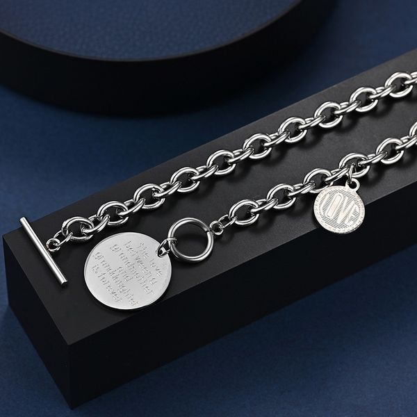 

stainless steel metal silver 42cm chain link necklace for women men large coin letters pendant charm 26mm tags