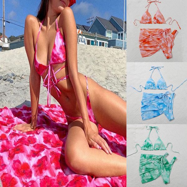 

swimwear 2021 tie dyed bikini swimsuit triangle cup women's split three piece set, White;black